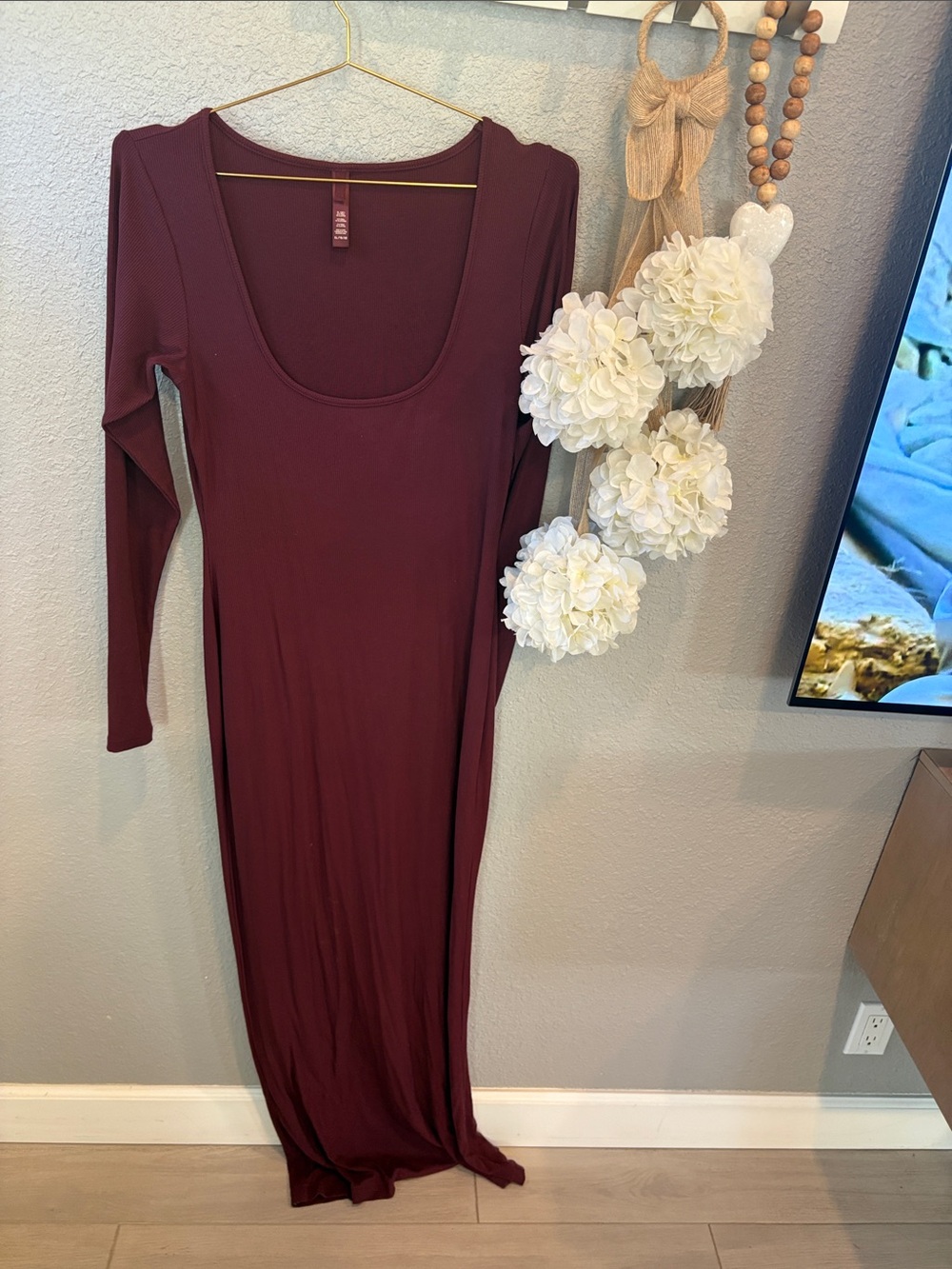 SKIMS Long Sleeve Scoop Neck Maxi Dress - Burgundy